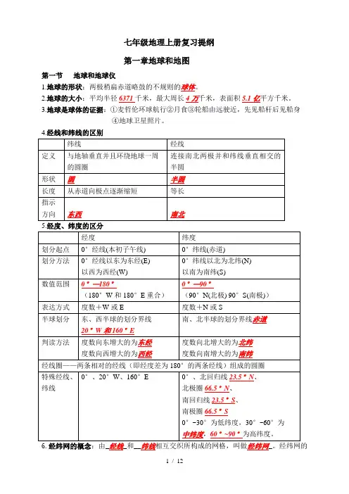 七年级地理上册复习提纲(含答案)