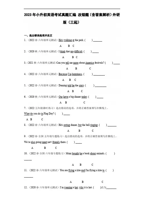 2023年小升初英语考试真题汇编 改错题(含答案解析)外研版(三起)