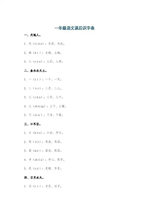 一年级语文课后识字表