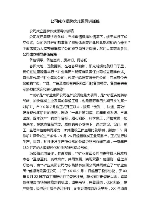 公司成立揭牌仪式领导讲话稿
