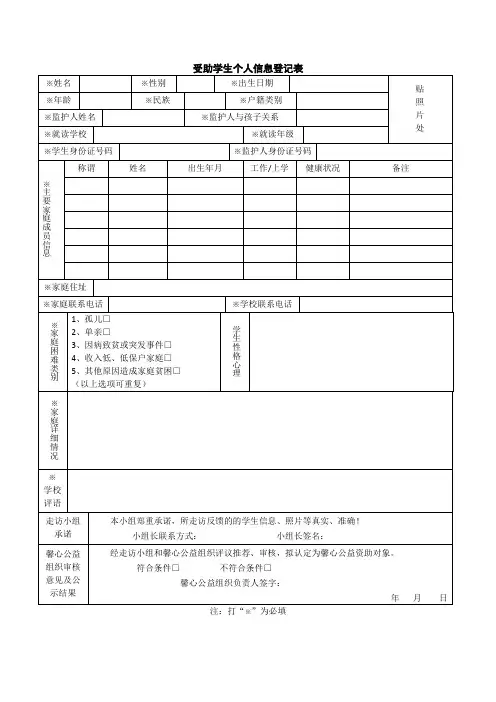 受助学生个人信息登记表