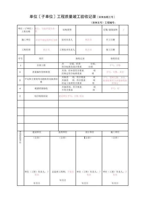 2023年单位〔子单位〕工程质量竣工验收记录模板