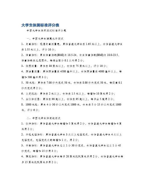 大学生体测标准评分表