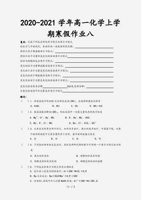 2020-2021学年高一化学上学期寒假作业八
