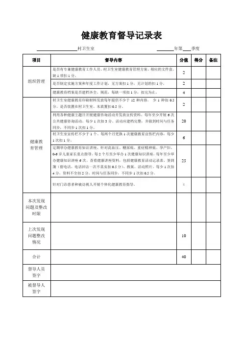 村卫生室健康教育督导记录表