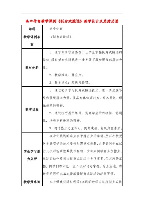 高中体育教学课例《挺身式跳远》课程思政核心素养教学设计及总结反思