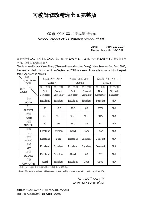 Primary School Report 小学生英文成绩单模板全文