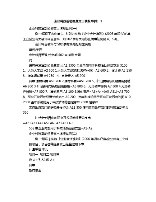企业科技活动经费支出填报举例