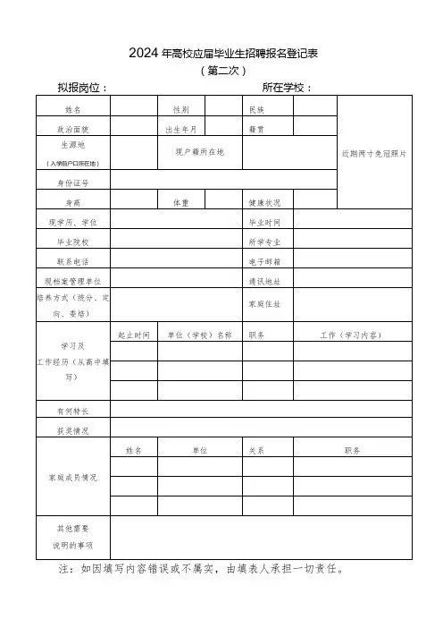 2024年高校应届毕业生招聘报名登记表