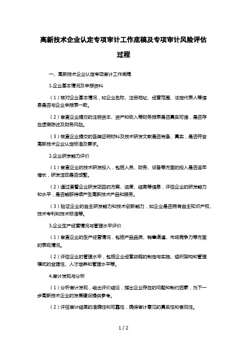 高新技术企业认定专项审计工作底稿及专项审计风险评估过程