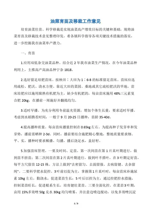 油菜育苗及移栽工作意见