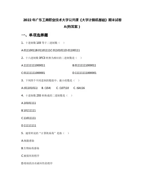2022年广东工商职业技术大学公共课《大学计算机基础》期末试卷A(有答案)