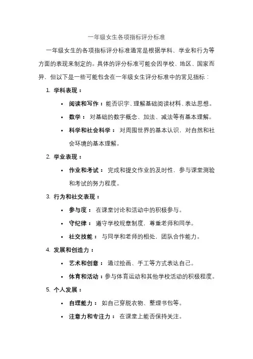 一年级女生各项指标评分标准
