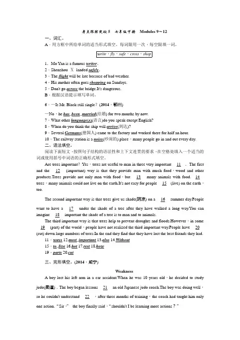 2015中考精英英语总复习考点跟踪训练(5)外研版七年级下Modules9～12