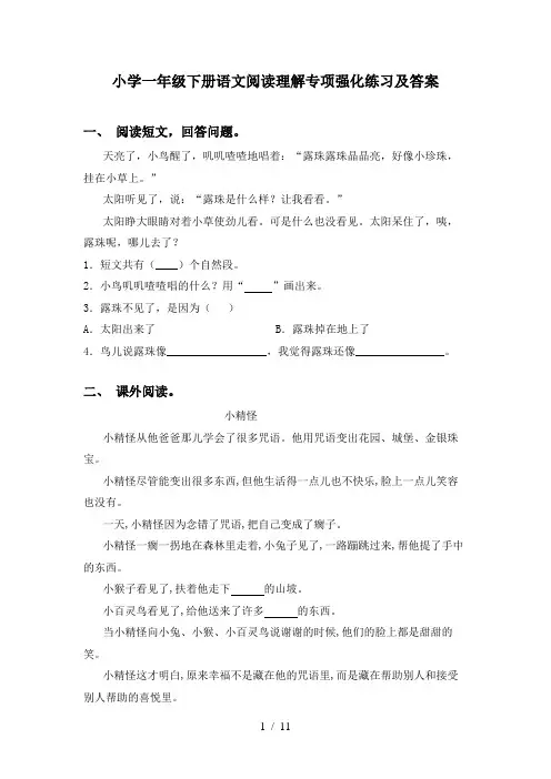 小学一年级下册语文阅读理解专项强化练习及答案