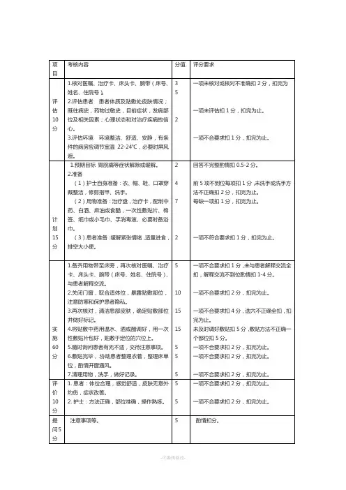 穴位贴敷考核内容及操作评分标准