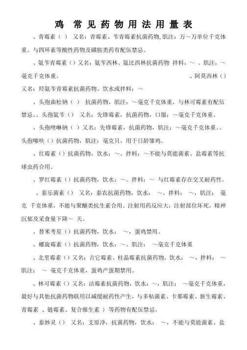 鸡常见药物用法用量表(活动za)