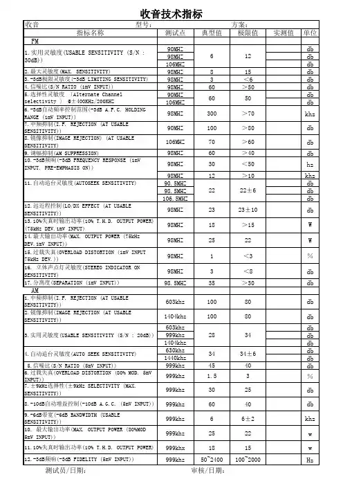 产品通用技术指标表格