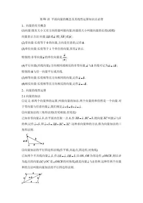 人教版2024年高考数学一轮复习高考频点《第01讲 平面向量的概念及其线性运算知识点必背》