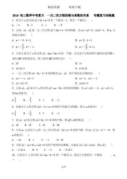 初三数学中考复习  一元二次方程的根与系数的关系   专题复习训练题 含答案