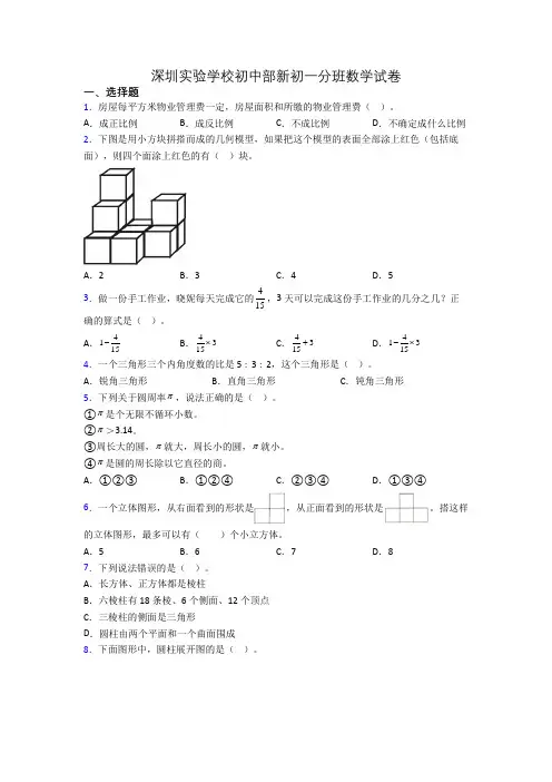 深圳实验学校初中部新初一分班数学试卷