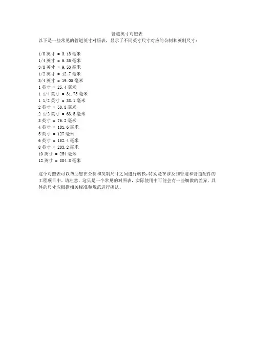 管道英寸对照表