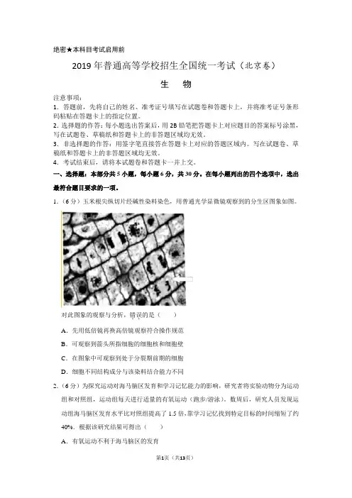 2019年北京市高考生物试卷以及答案解析