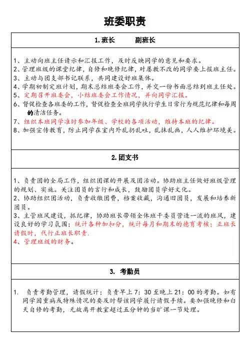 高中班委职责明细