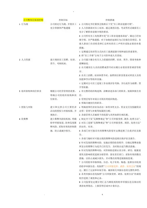 企业内部控制整体层面和各项循环关键控制点汇总