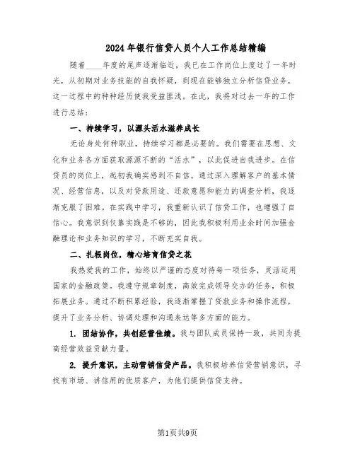 2024年银行信贷人员个人工作总结精编（5篇）