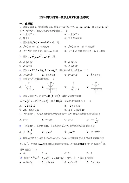 2019年泸州市高一数学上期末试题(含答案)