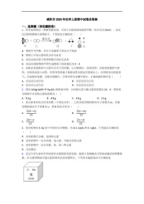 咸阳市2020年初三化学上册期中试卷及答案
