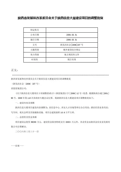 陕西省发展和改革委员会关于陕西信息大厦建设项目的调整批复-陕发改社会[2006]287号