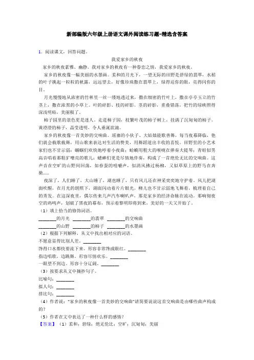 新部编版六年级上册语文课外阅读练习题-精选含答案