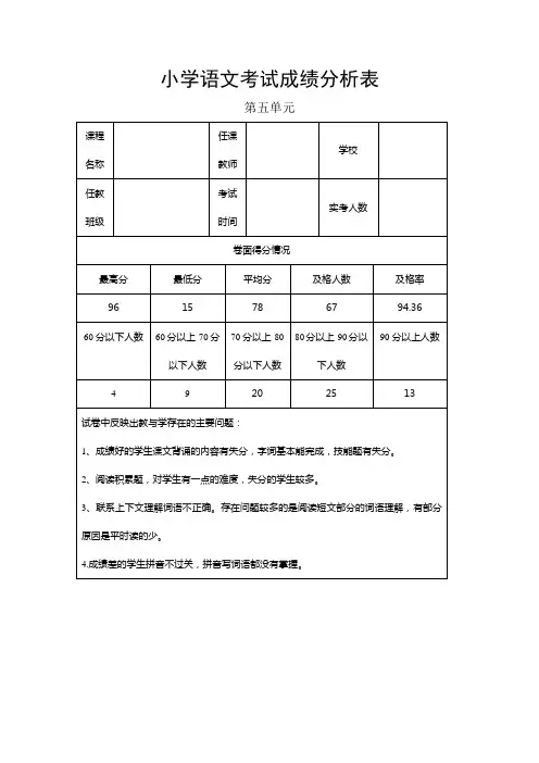 小学语文考试成绩分析表
