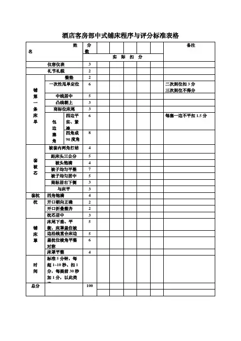 酒店客房部中式铺床程序与评分标准表格