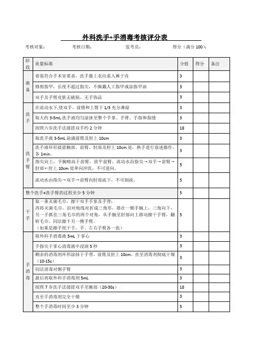 外科洗手+手消毒考核评分表(模板)