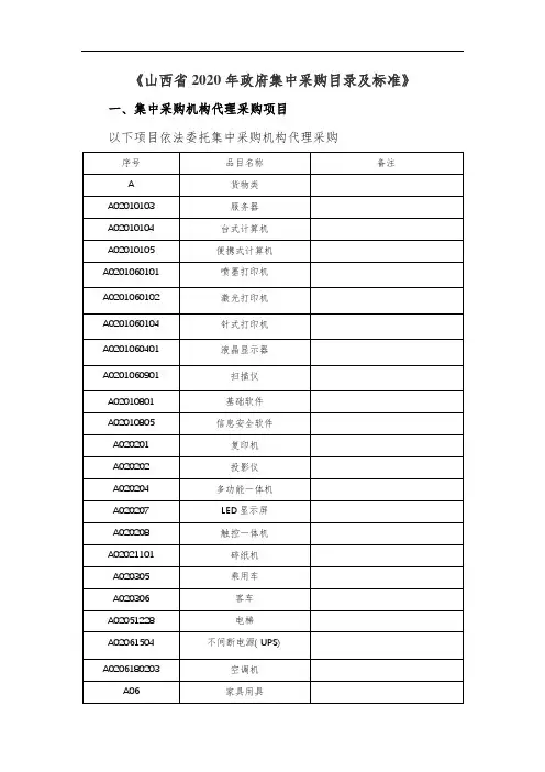 山西省2020年政府集中采购目录及标准