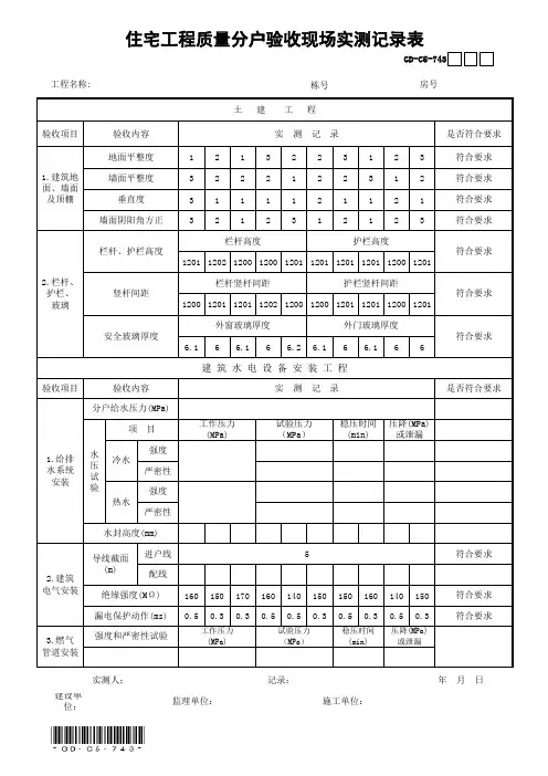 住宅工程质量分户验收现场实测记录表