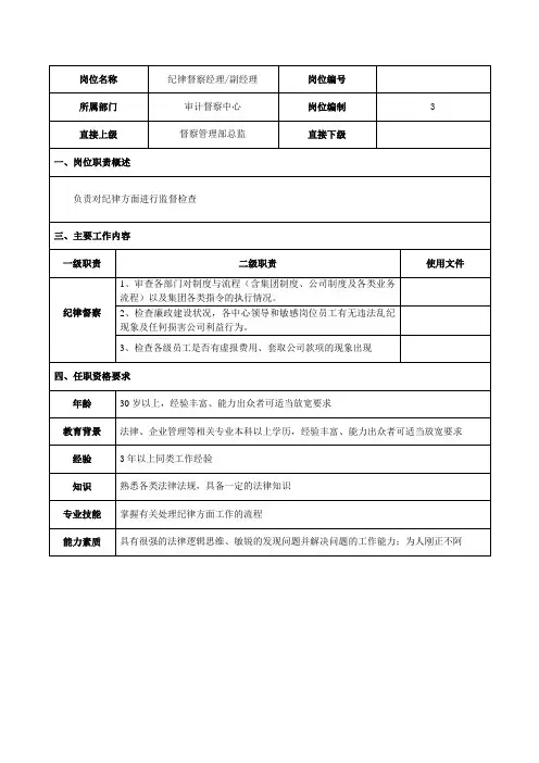纪律督察经理岗位说明书