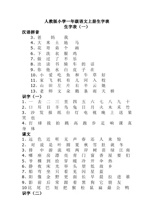 人教版小学一年级语文上册生字表