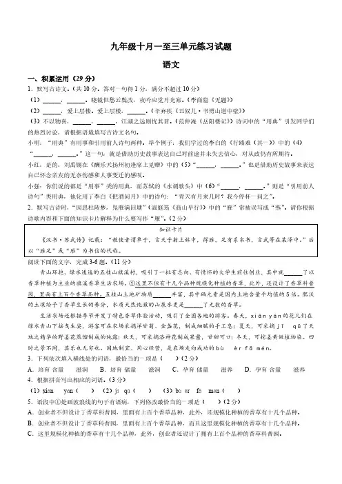 广东省中山市教学共进联盟2023-2024学年九年级10月月考语文试题(含答案)