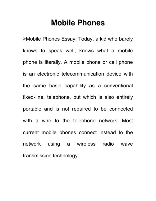 移动电话 Mobile Phones 关于手机的英语作文