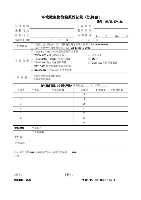 环境微生物检验原始记录(沉降菌)