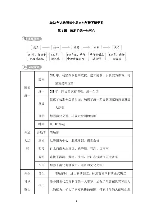 2023年人教版初中历史学案七年级下册第1课 隋朝的统一与灭亡