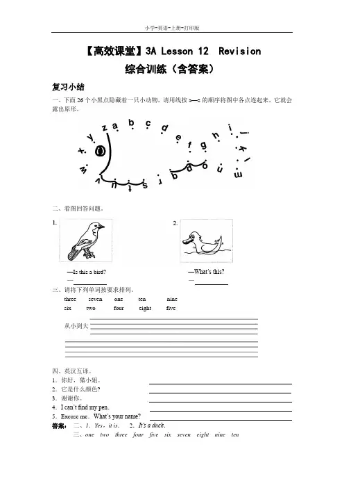 科普版-英语-三年级上册-【高效课堂】3A Lesson 12  Revision 综合训练(含答案)