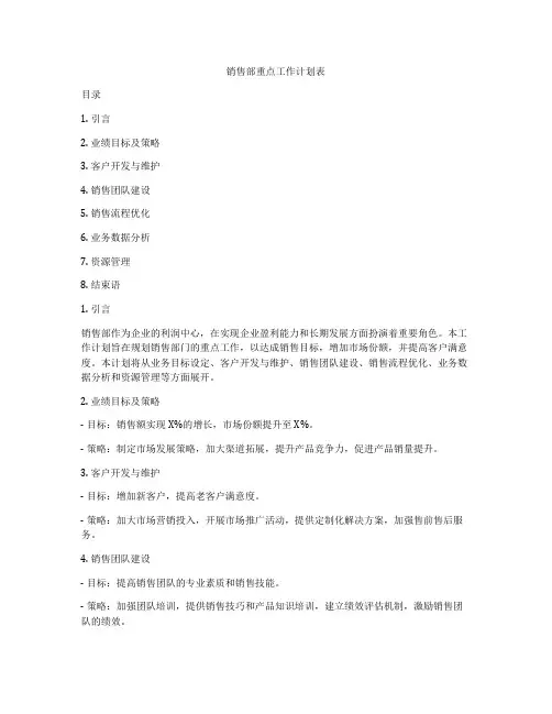 销售部重点工作计划表