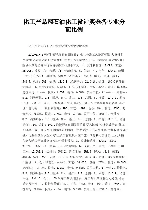 化工产品网石油化工设计奖金各专业分配比例