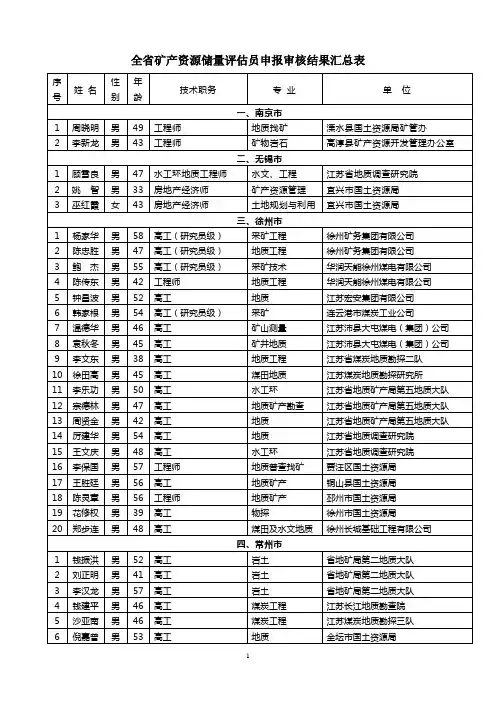 全省各市矿产资源储量评估员申报汇报总表