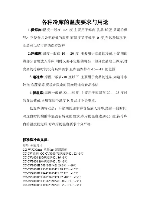 各种冷库的温度要求与用途